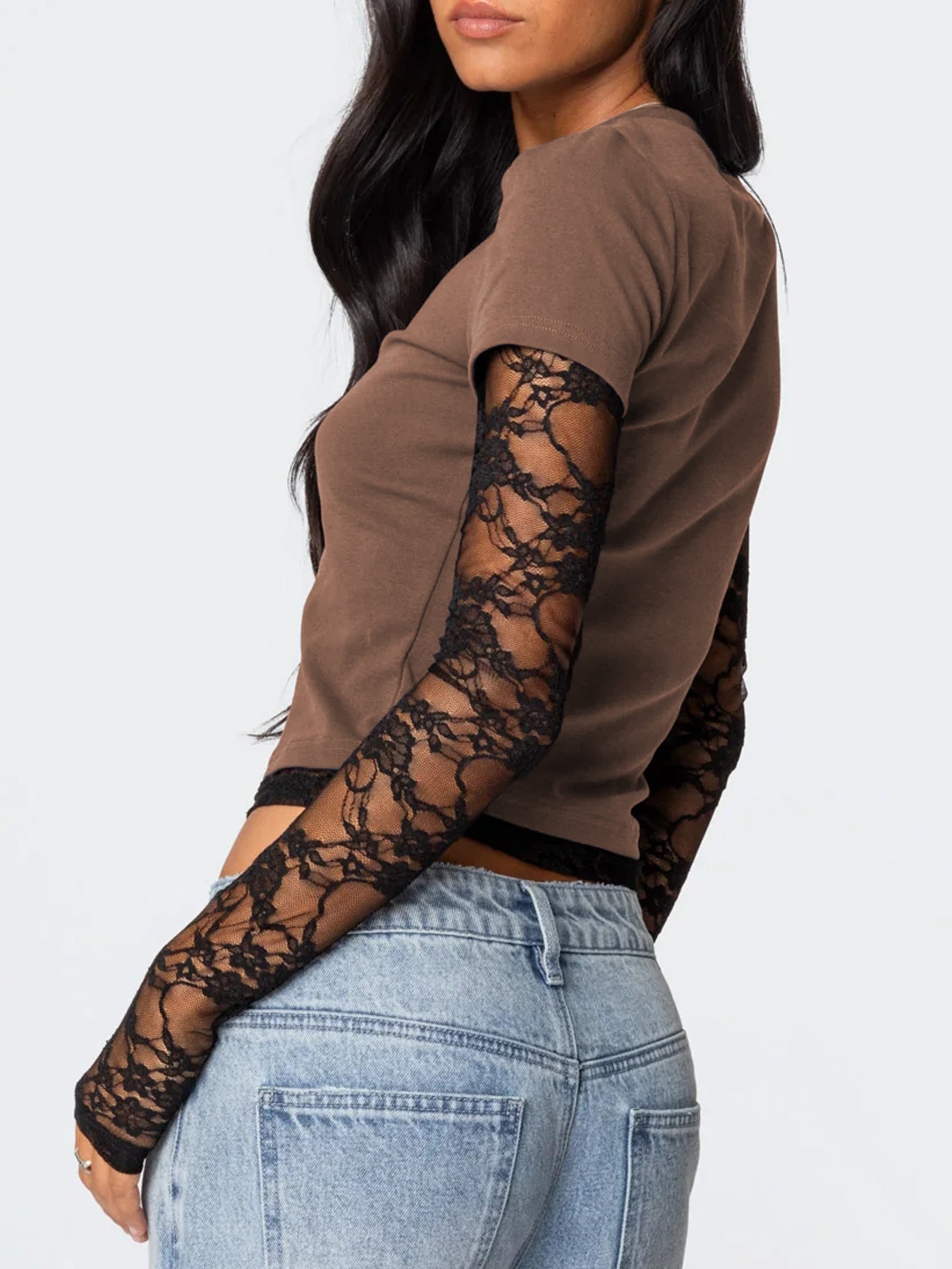 Women's fitted T-shirt with elegant lace sleeves, stylish casual top from Trendsi, showcasing a close-up of the lace detail.