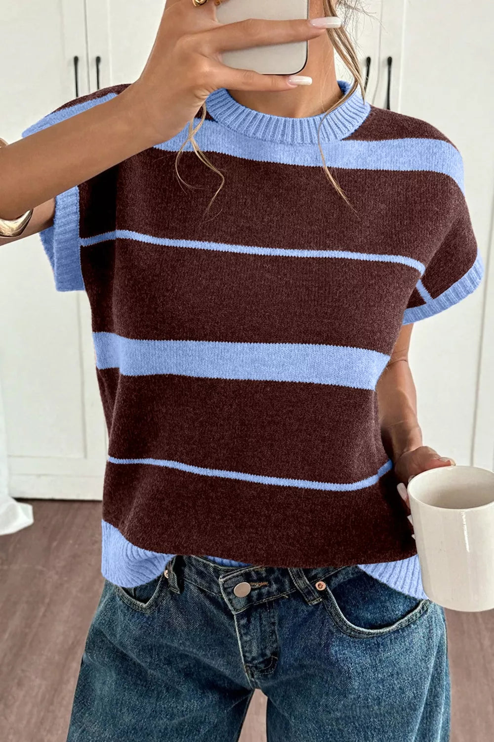 Striped short sleeve round neck casual knit top by Plush Fashion Hub, featuring multicolor horizontal stripes and soft fabric.