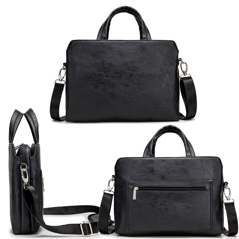 Black leather handheld one-shoulder business notebook briefcase by Plush Fashion Hub with sleek design and sturdy handle.