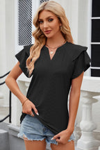 Pink eyelet notched flutter sleeve T-shirt from Trendsi featuring a relaxed fit and stylish flutter sleeves.