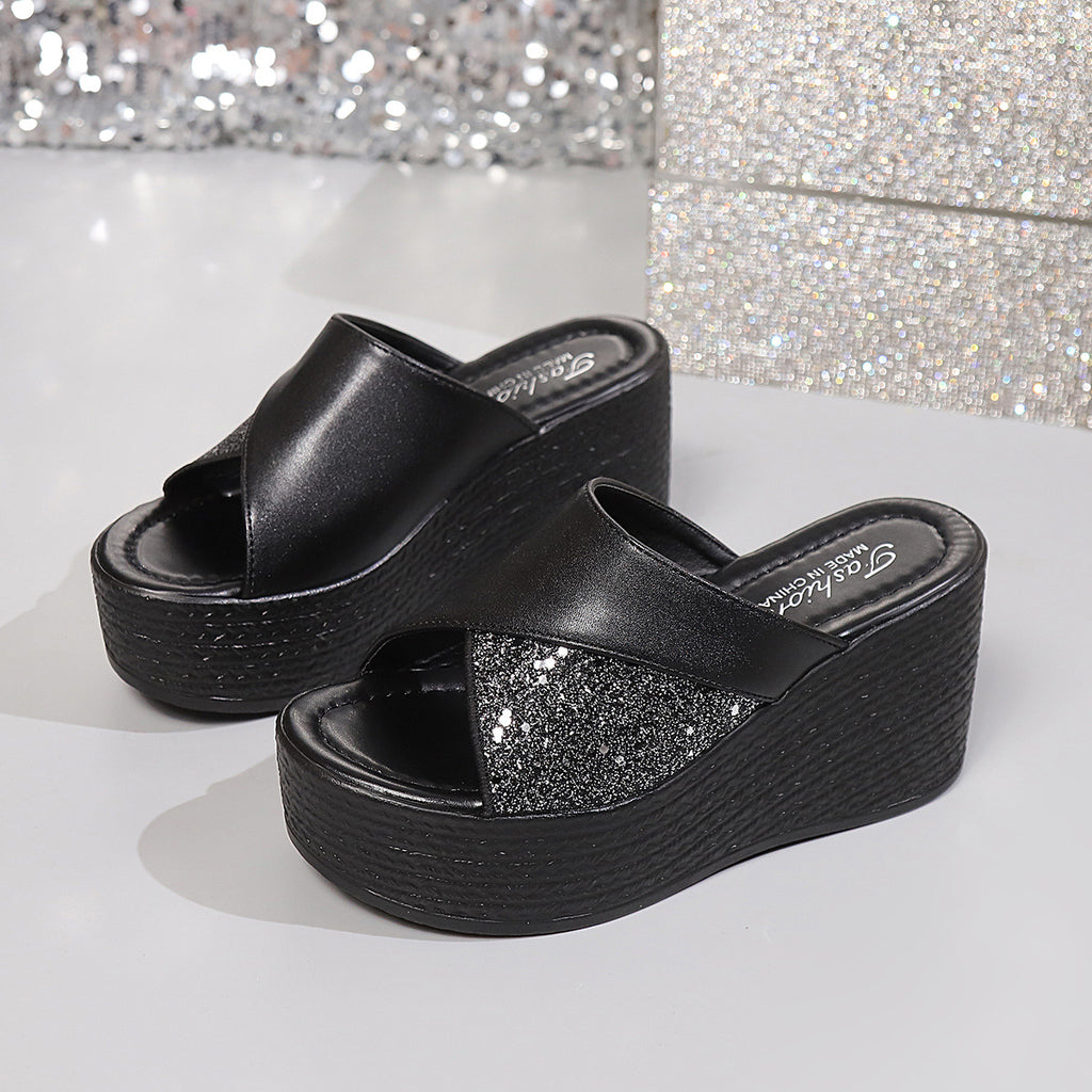 Women's open toe platform wedge sandals by Trendsi featuring faux leather straps and comfortable high heel design.