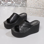 Women's open toe platform wedge sandals by Trendsi featuring faux leather straps and comfortable high heel design.