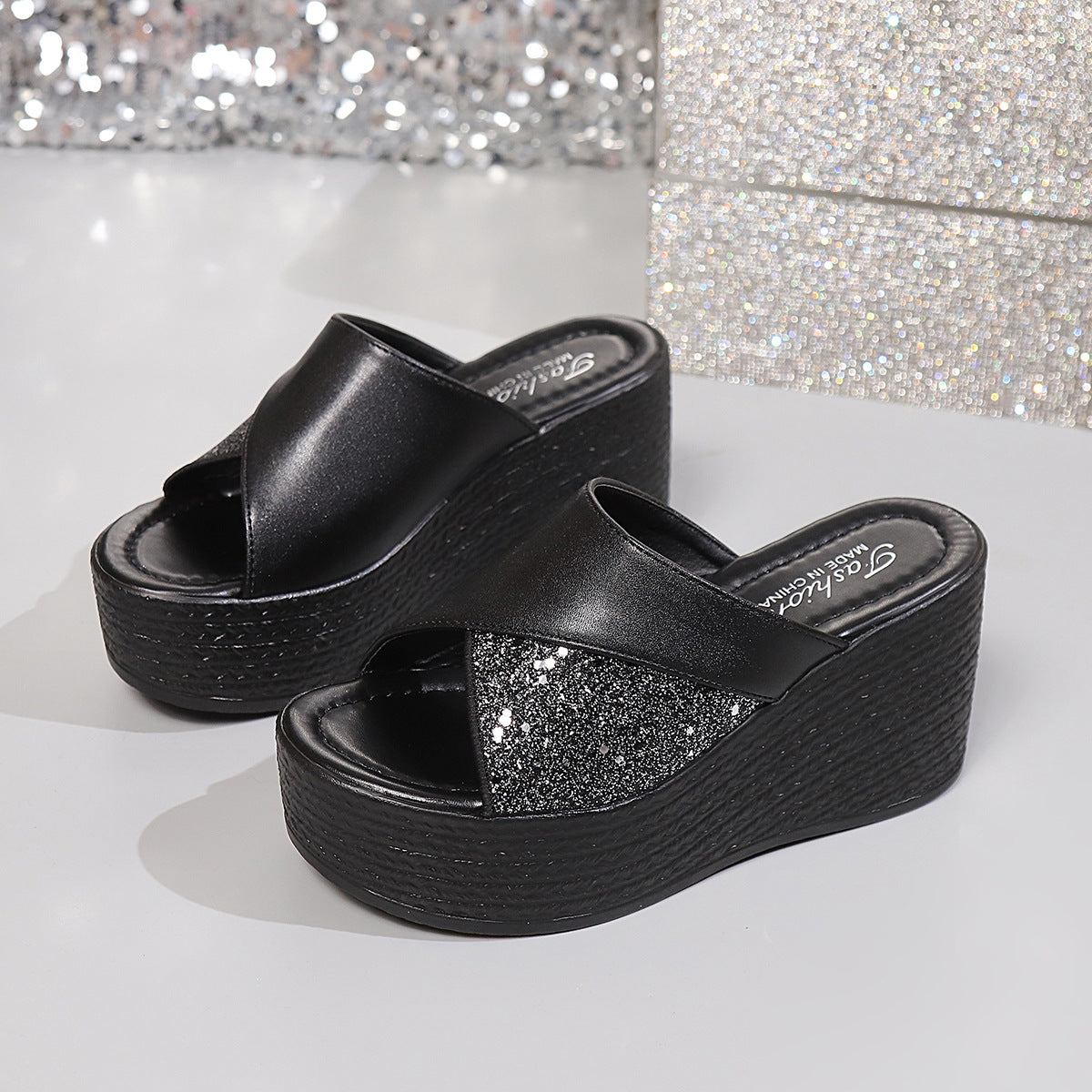 Women's open toe platform wedge sandals by Trendsi featuring faux leather straps and comfortable high heel design.