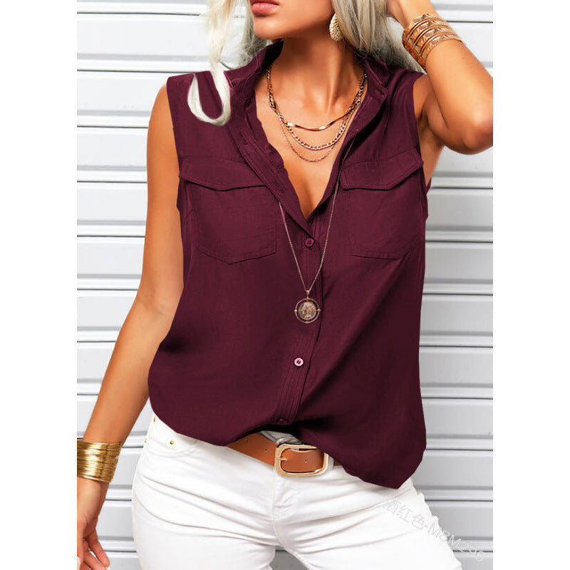 Women's sleeveless top with lapel collar, loose fit, solid color, and front pockets, by Plush Fashion Hub.