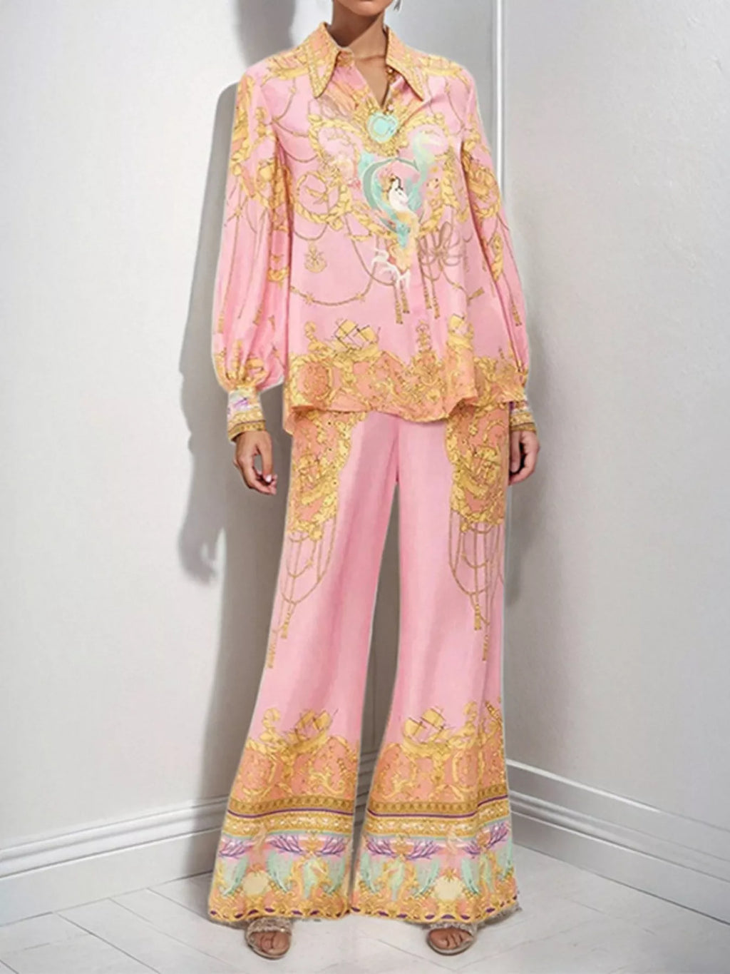 Women's printed lantern sleeve top and matching lounge pants set by Trendsi, featuring a comfortable, stylish casual wear look.