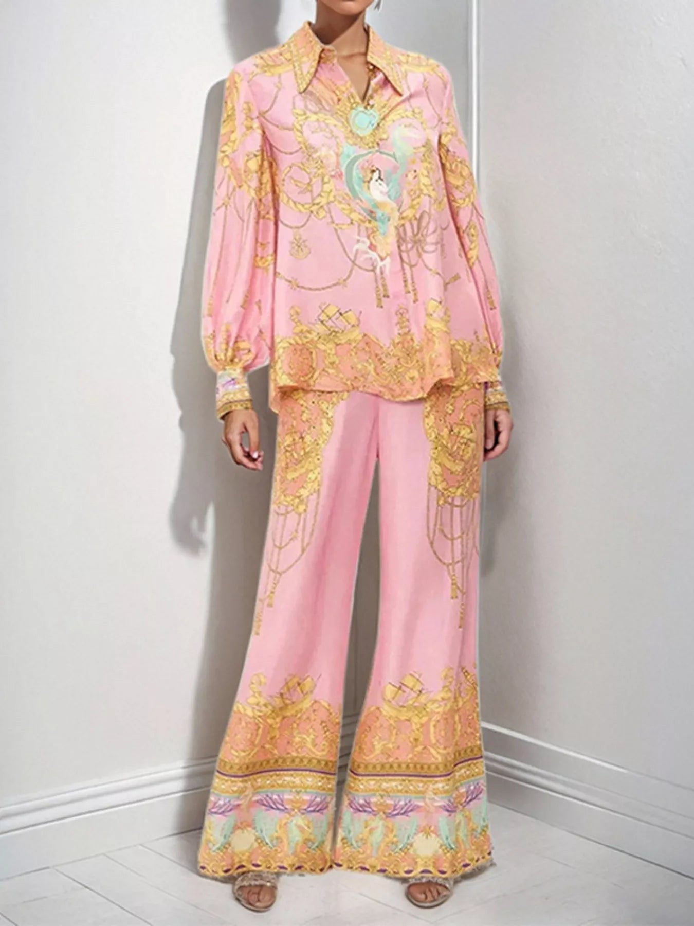 Women's printed lantern sleeve top and matching lounge pants set by Trendsi, featuring a comfortable, stylish casual wear look.