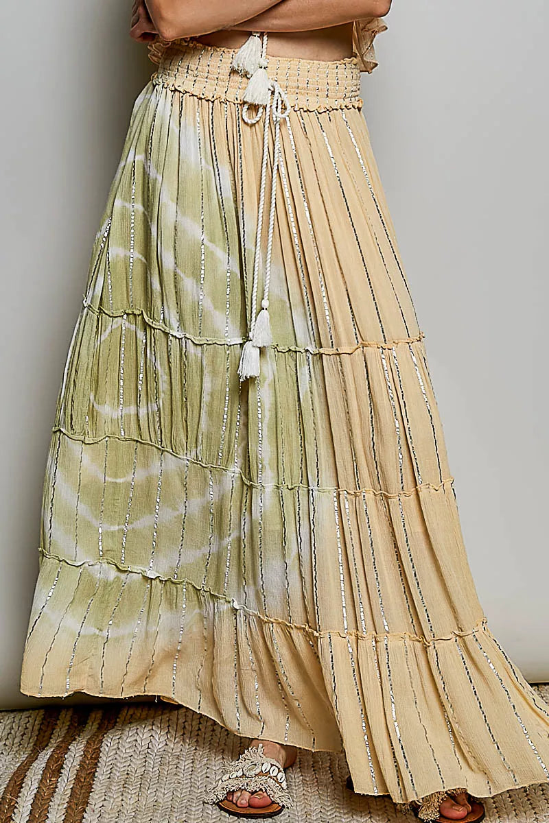 Shopimist shimmer tiered reverse ruffle maxi skirt with smocked waist, flowing design, perfect for elegant summer outfits