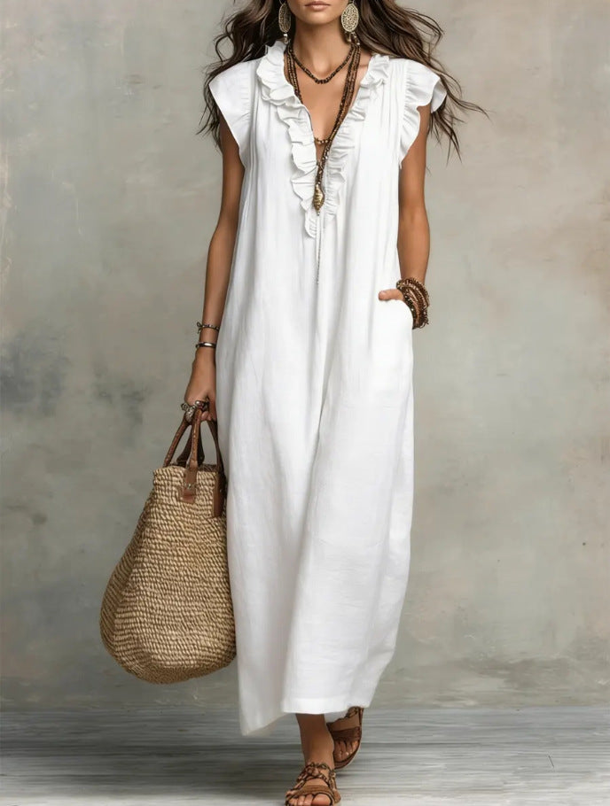 Elegant women's spring summer dress with ruffles and pockets by Plush Fashion Hub, shown in a stylish, flowy design.