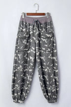 Multicolour Drawstring Contrast Waistband Camouflage Cargo Barrel Pants