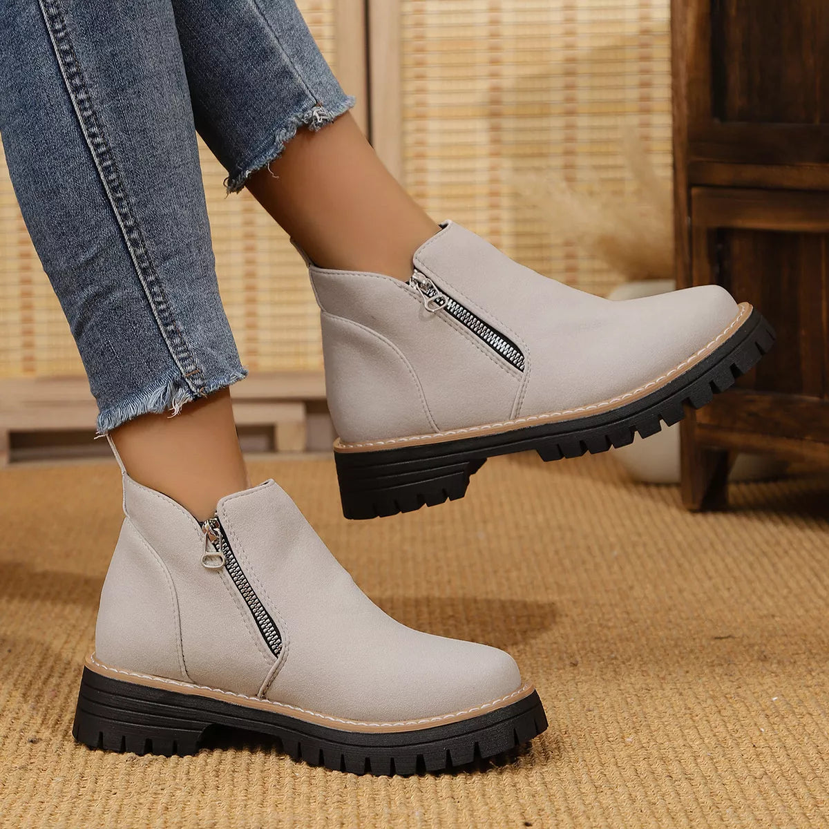 Trendsi ankle boots with zipper accent, stylish footwear featuring a sleek design and side zipper detail.