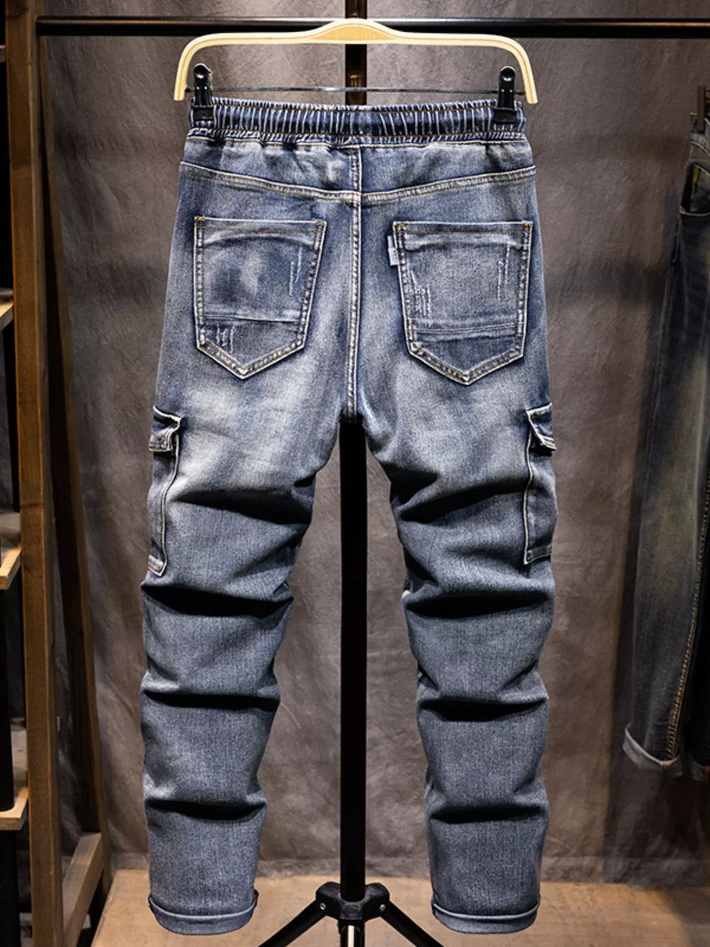 Men's relaxed fit drawstring jeans in plus size from Shopimist, featuring a comfortable waistband and classic denim look.