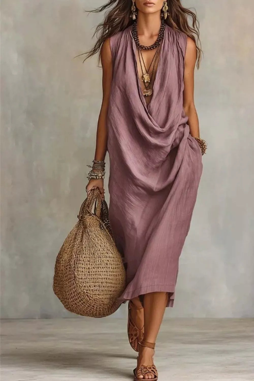 Sleeveless drape neck midi dress from Plush Fashion Hub, stylish and elegant with flowing fabric and modern design.