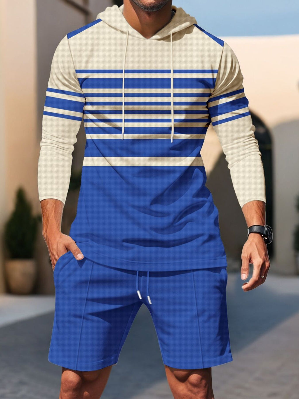 Plus size men's striped hoodie and shorts casual set by Trendsi, featuring comfortable, stylish full-length hoodie and matching shorts.