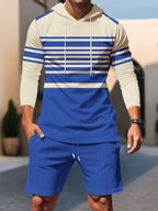 Plus size men's striped hoodie and shorts casual set by Trendsi, featuring comfortable, stylish full-length hoodie and matching shorts.