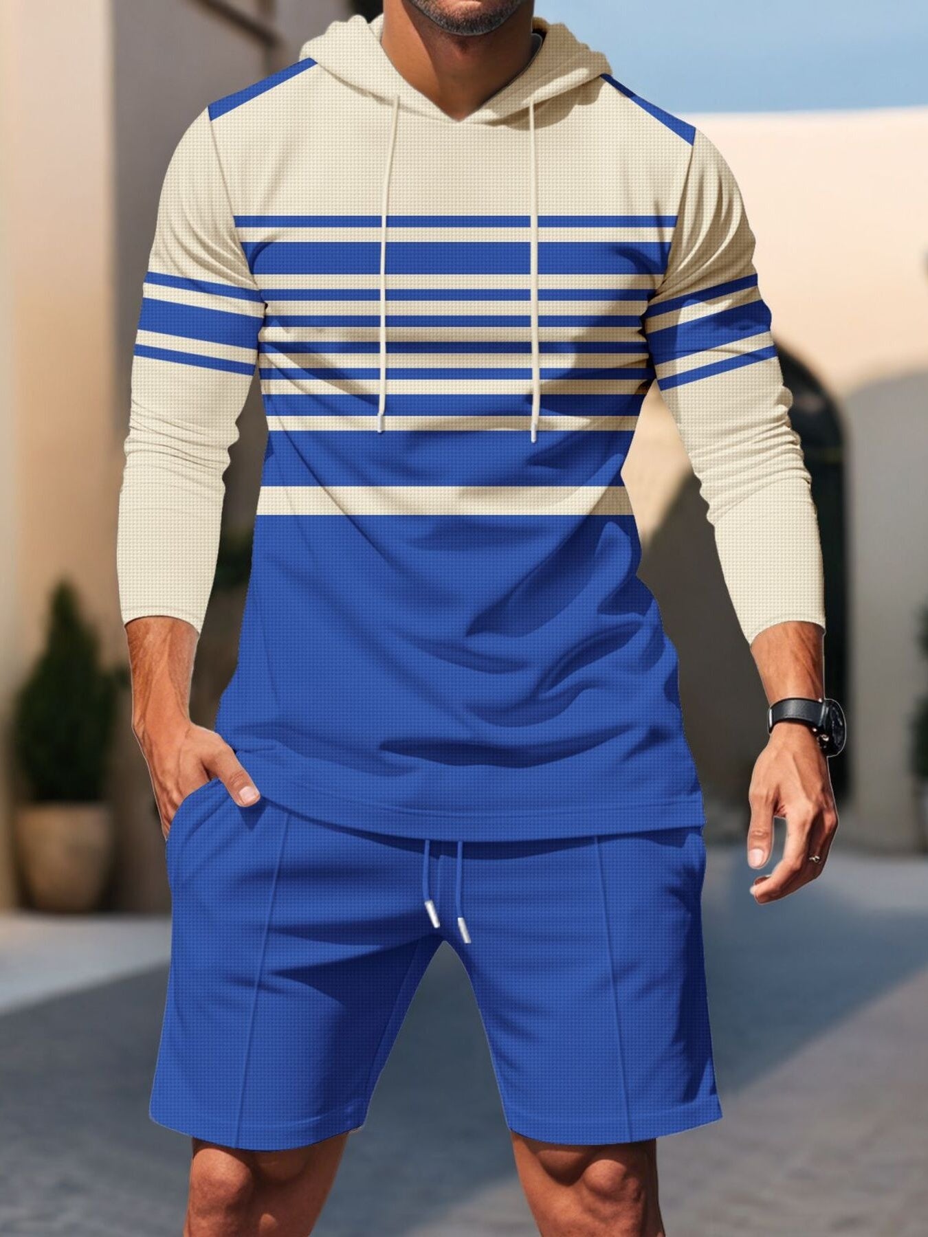 Plus size men's striped hoodie and shorts casual set by Trendsi, featuring comfortable, stylish full-length hoodie and matching shorts.