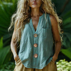 FitiqueFit cotton-linen sleeveless V-neck button shirt in three colors, casualwear for women, available in sizes S to 2XL.