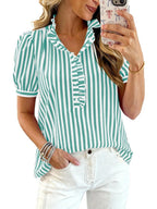 Women's striped puff sleeve blouse with ruffled details, stylish and fashionable Trendsi top, perfect for casual or dressy wear.