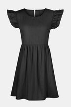 VYSN full size denim dress with ruffled round neck, cap sleeves, and a stylish fit, perfect for casual fashion.