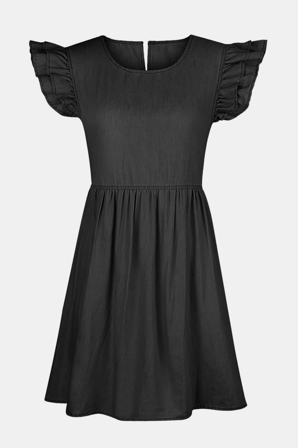 VYSN full size denim dress with ruffled round neck, cap sleeves, and a stylish fit, perfect for casual fashion.