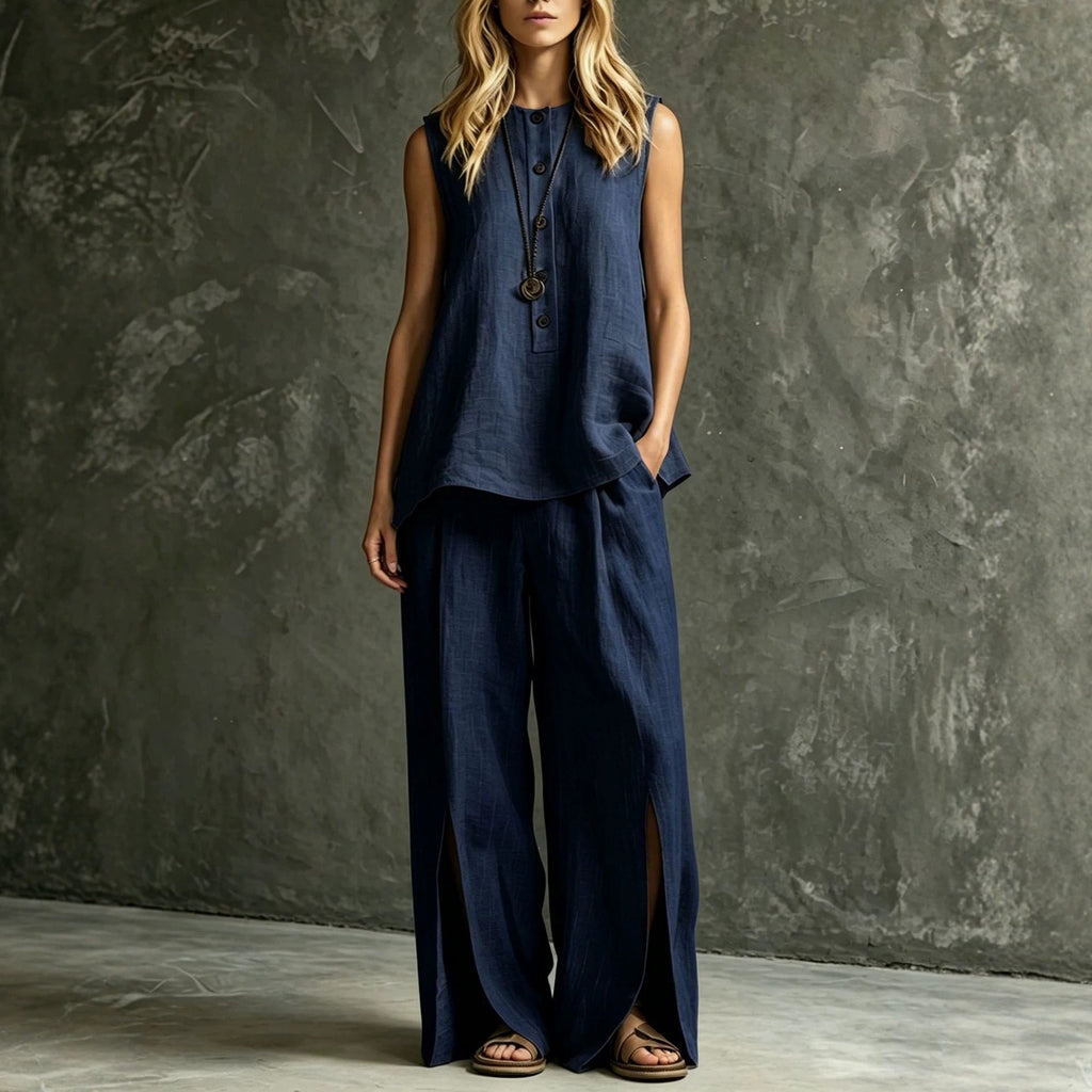 Women's loose sleeveless tank top and slit wide-leg pants two-piece casualwear set by Plush Fashion Hub, shown on a model.
