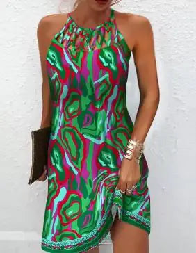 Women's printed sleeveless hollow dress from Trendy Attic Store01, featuring a stylish design and lightweight fabric.