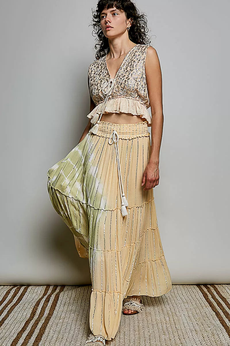 Shopimist POL shimmer tiered maxi skirt with reverse ruffle design and smocked waist, featuring a flowing, elegant silhouette.