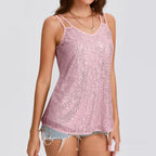 Sparkly sequin V-neck camisole with rhinestone straps, casualwear top by Plush Fashion Hub, featuring a shimmering, fashionable design.