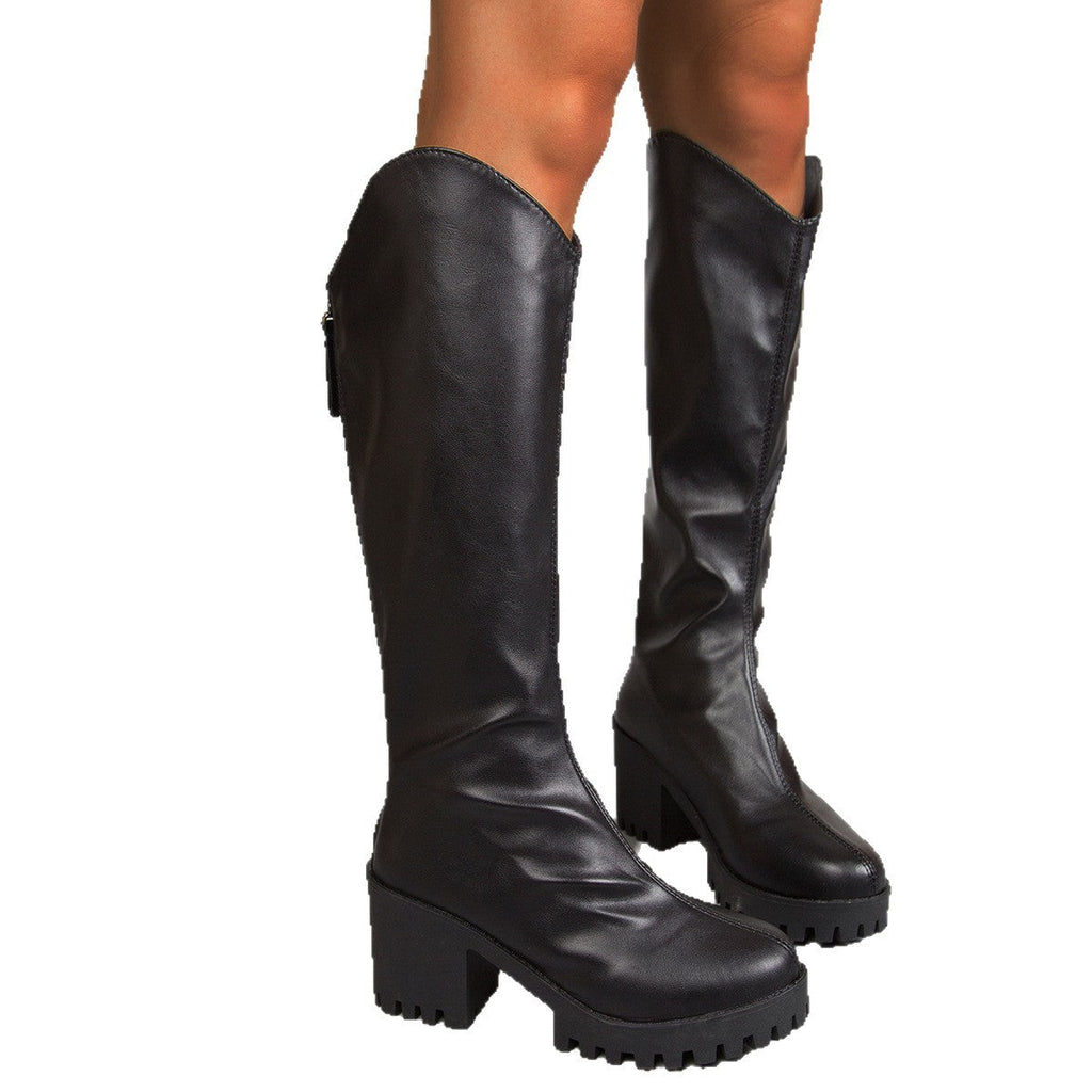 Black women's knee-high boots with thick high heels from FitiqueFit, featuring a sleek and stylish streetwear design.