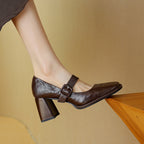 Women's sheepskin Mary Jane heels with square toe, chunky heel, and buckle strap from FitiqueFit, showcasing a stylish footwear design.