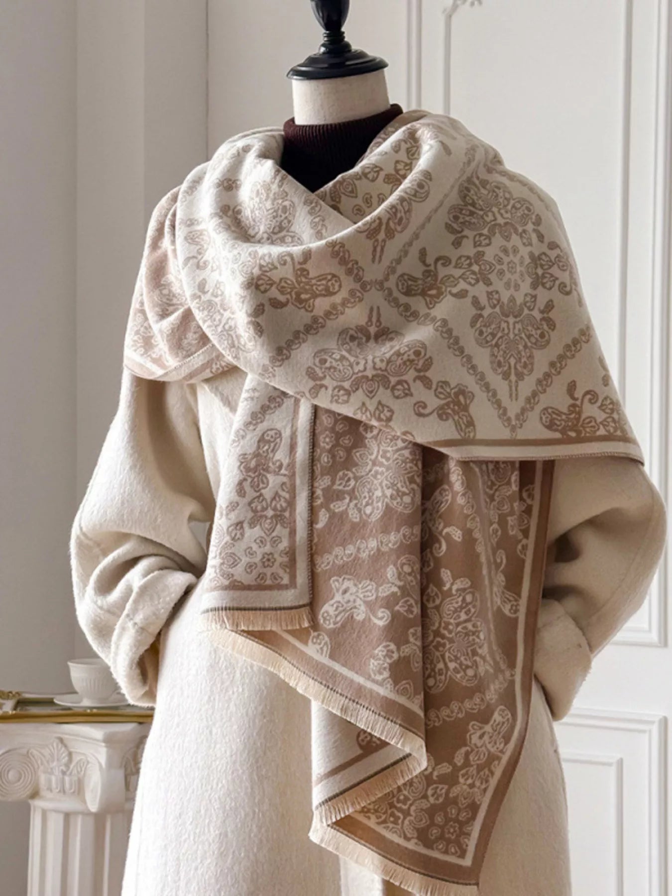 Raw hem knitted scarf by Simply Love featuring a cozy, textured design in neutral tones, perfect for stylish winter wear.