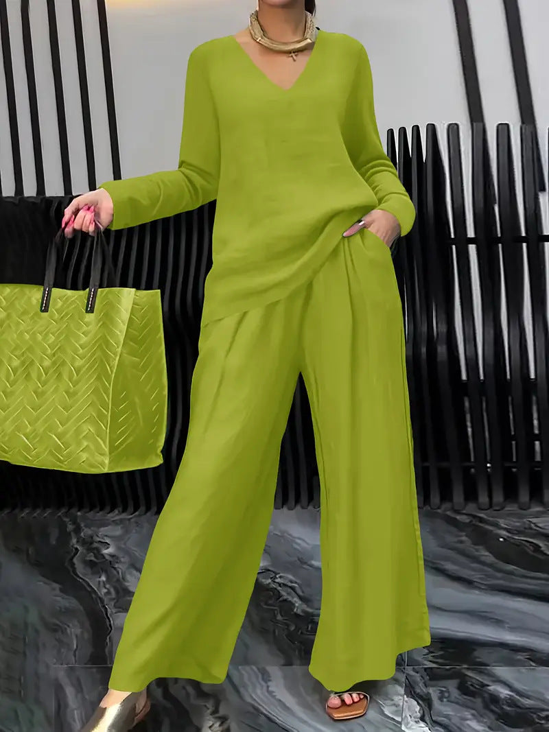 Plush Fashion Hub solid color long sleeve top and matching pants two-piece travel set, casual and comfortable for everyday wear.