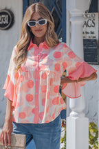 Angelica short sleeve babydoll blouse by Threaded Pear, lightweight fabric with a relaxed fit and feminine design.