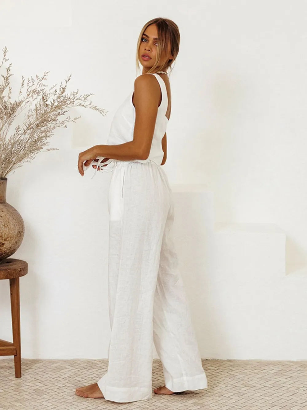 Square neck sleeveless top and matching pants set by Shopimist, featuring a stylish, coordinated outfit in a light fabric.