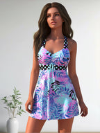Women's high-neck tankini swimsuit with adjustable straps, plus size swimwear from FitiqueFit, featuring a supportive, stylish design.