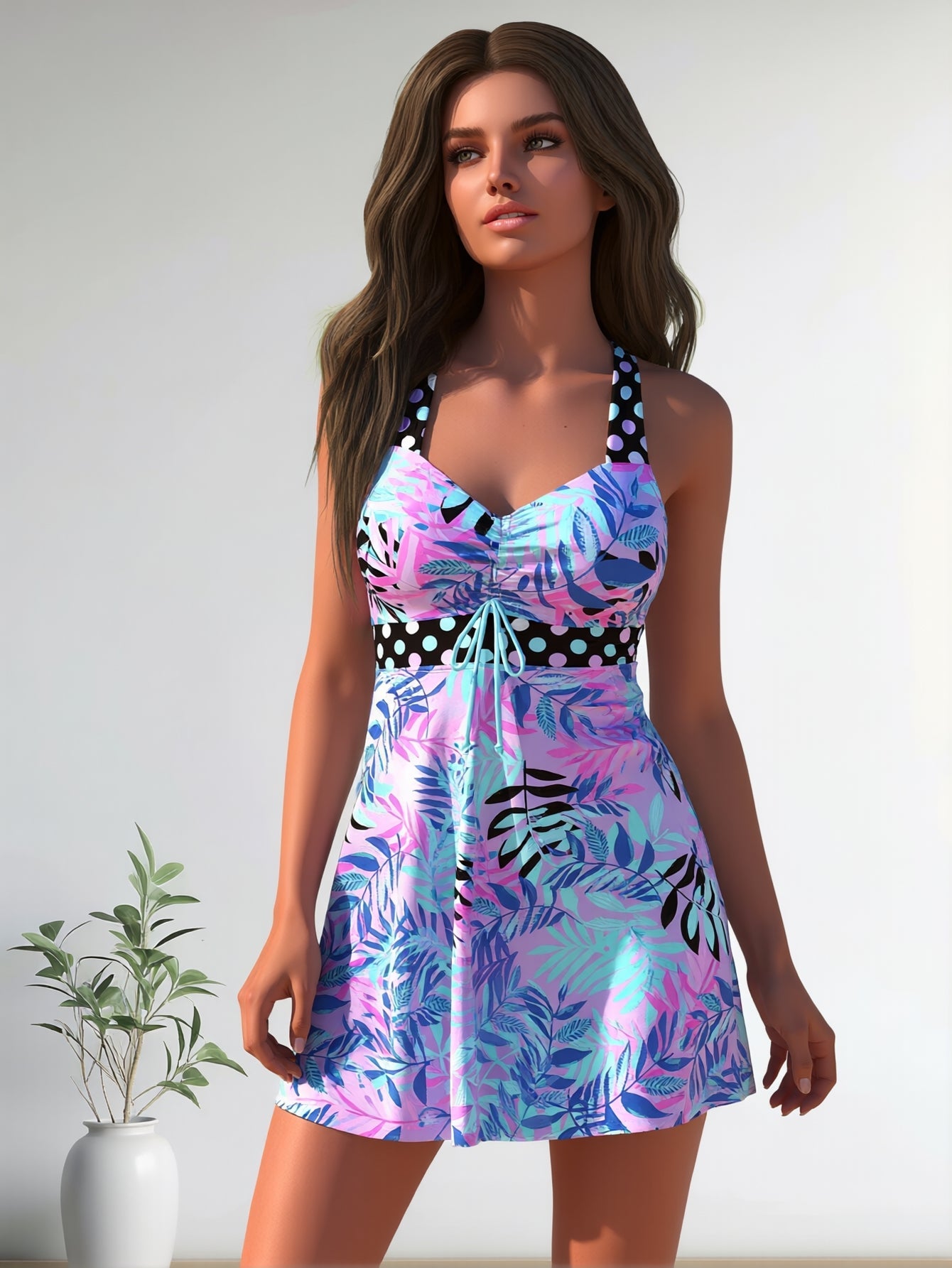 Women's high-neck tankini swimsuit with adjustable straps, plus size swimwear from FitiqueFit, featuring a supportive, stylish design.