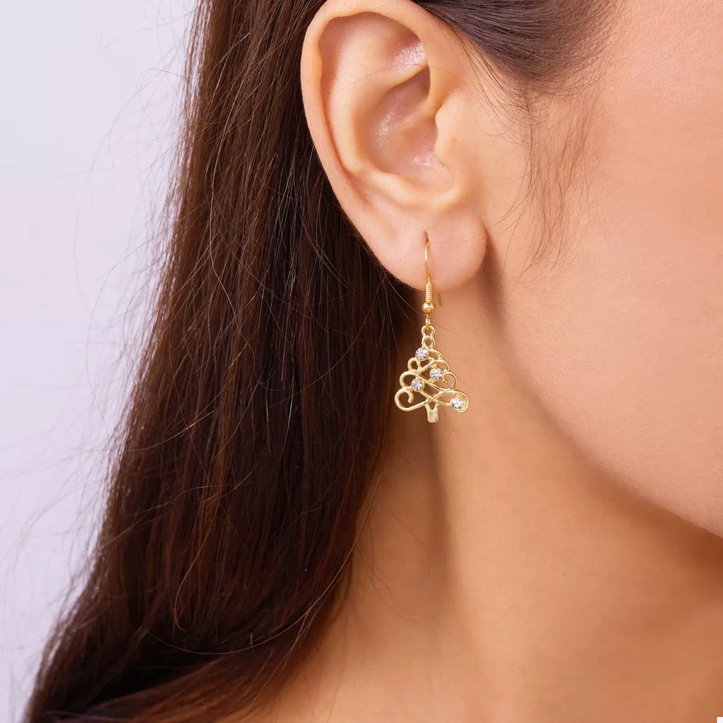 18K gold-plated rhinestone Christmas tree dangle earrings with festive holiday design and sparkling embellishments.