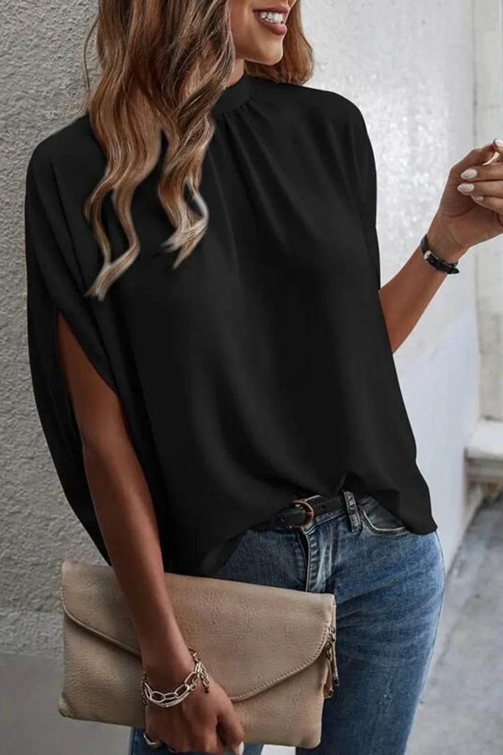 Plush Fashion Hub elegant tie-back half-sleeve blouse with side slit, showcasing a stylish and modern tops design.