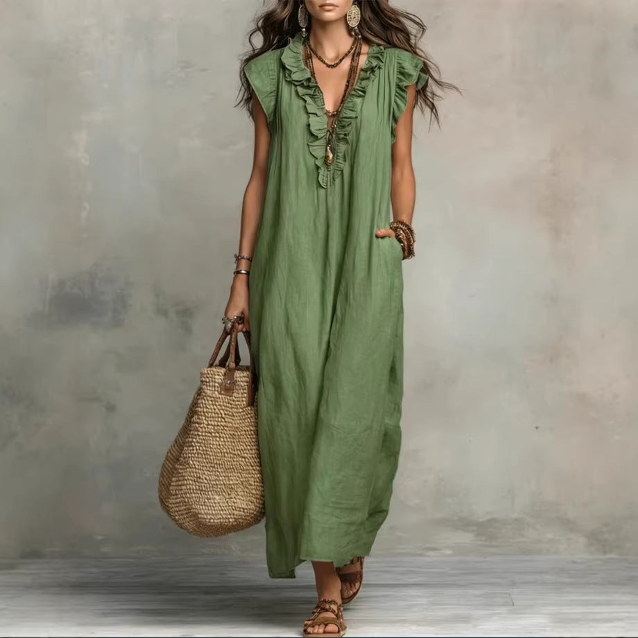 Elegant women's spring summer dress with ruffles and pockets by LadyShow.Store, featuring a flowy design and floral pattern.