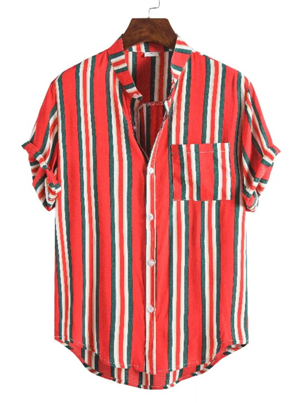 Men's plus size striped button-up short sleeve shirt by Trendsi, featuring a casual design and classic collar detail.
