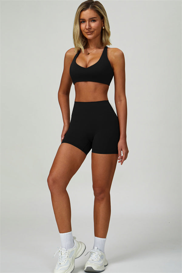 Fitglutes Activewear Seraphine Sports Bra and Shorts 2-piece set, black workout clothes, close-up of the matching sportswear ensemble.