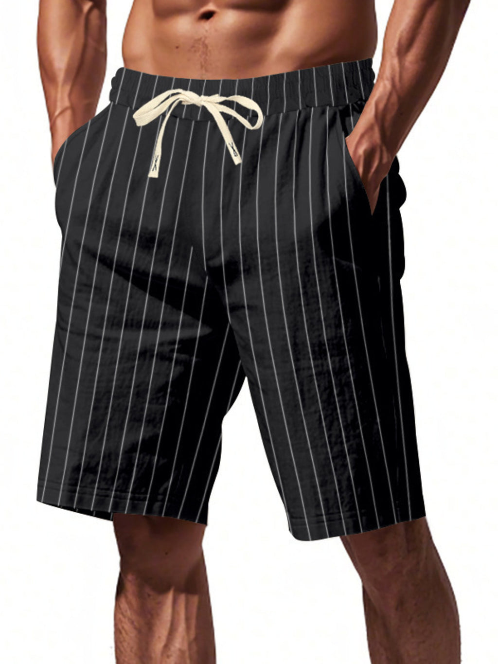 Men's full size striped drawstring casual shorts by Trendsi, featuring a relaxed fit and comfortable waistband in a stylish design.
