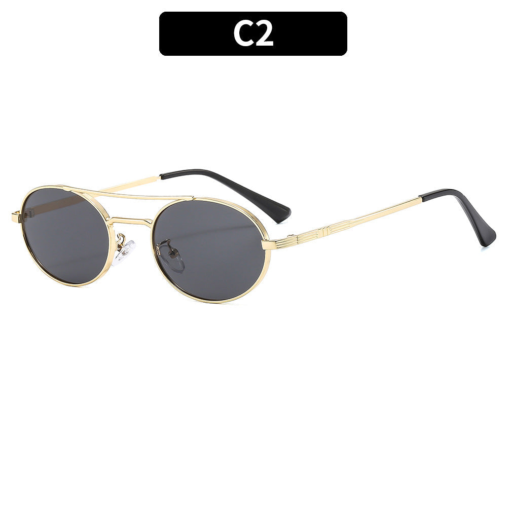 Retro oval metal sunglasses with dual-beam design and UV protection, featuring a vintage-inspired eyewear style from Plush Fashion Hub.