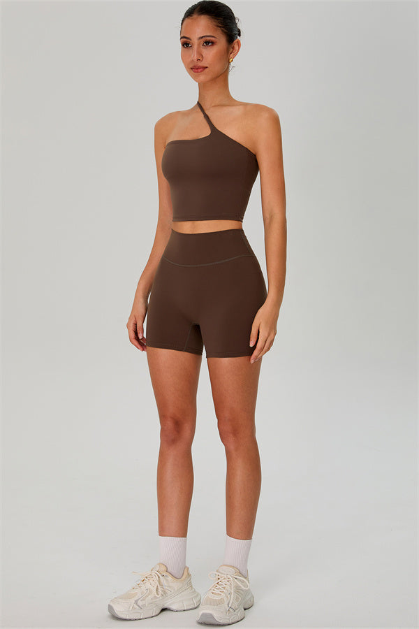 Fitglutes activewear one-shoulder crop top and shorts 2-piece set, gym and workout sportswear, black athletic workout clothes.