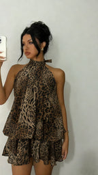 Women’s chiffon halter mini dress by Plush Fashion Hub featuring a high-waist, open-back, A-line silhouette.