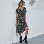 V-Neck floral print satin maxi dress by FitiqueFit, in an A-line silhouette with colorful floral patterns and a V-neck design.