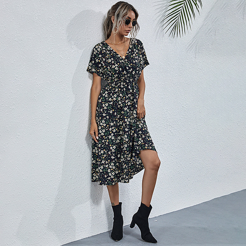 V-Neck floral print satin maxi dress by FitiqueFit, in an A-line silhouette with colorful floral patterns and a V-neck design.