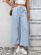 Women's striped wide-leg drawstring pants with pockets, casual fashion by Trendsi, featuring comfortable fit and stylish design.