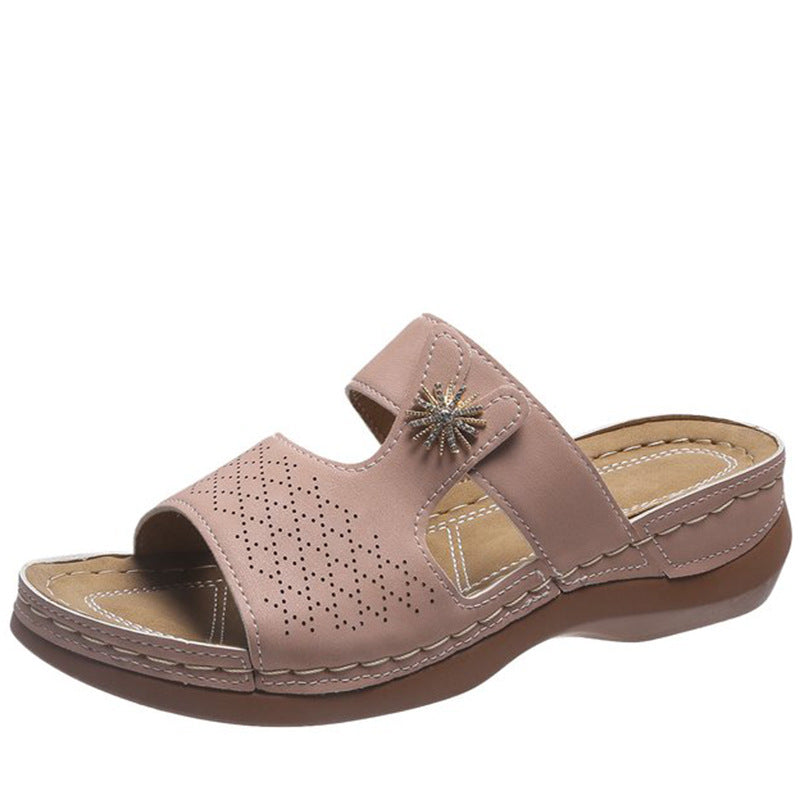 Embroidered Fish Mouth Women's Thick Bottom Hollow Sandals in beige with decorative fish embroidery from Plush Fashion Hub.