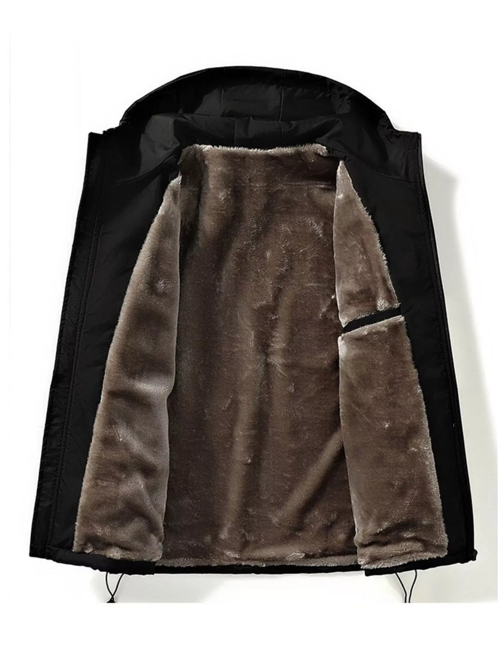 Men's plus size drawstring zip-up hooded jacket by Shopimist, shown in black with front pockets and adjustable hood.
