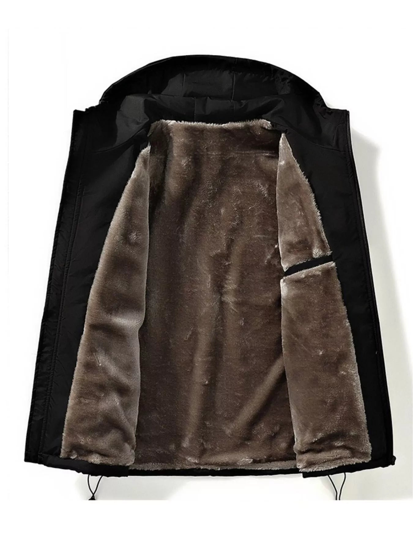 Men's plus size drawstring zip-up hooded jacket by Shopimist, shown in black with front pockets and adjustable hood.